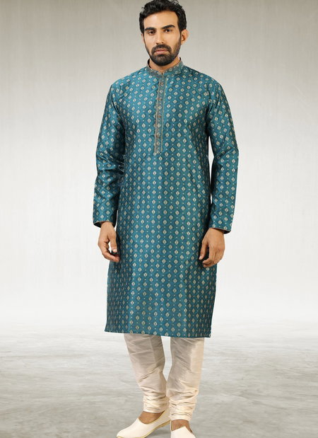 Sea Green Outluk New Latest Design Jacquard Silk Brocade Party Wear Kurta Pajama Mens Collection 1224-1038